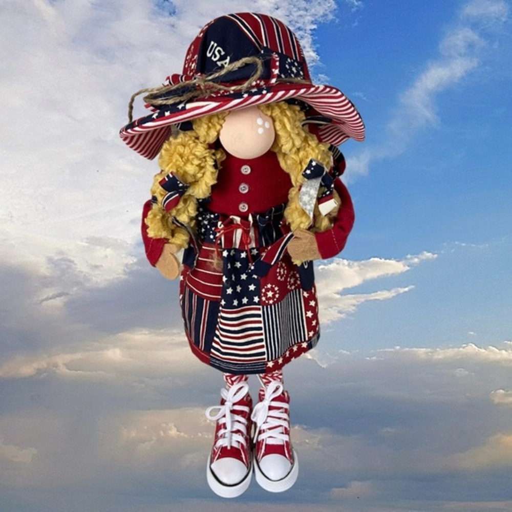 Patriotic USA Gnome Girl America Bucket Hat Bendable Arms Stars Stripes